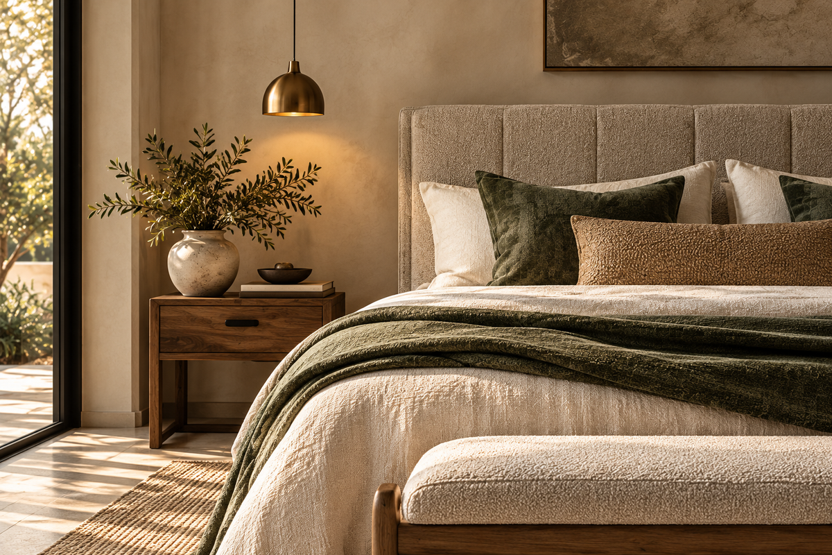 A softly layered bedroom in warm neutrals and olive green