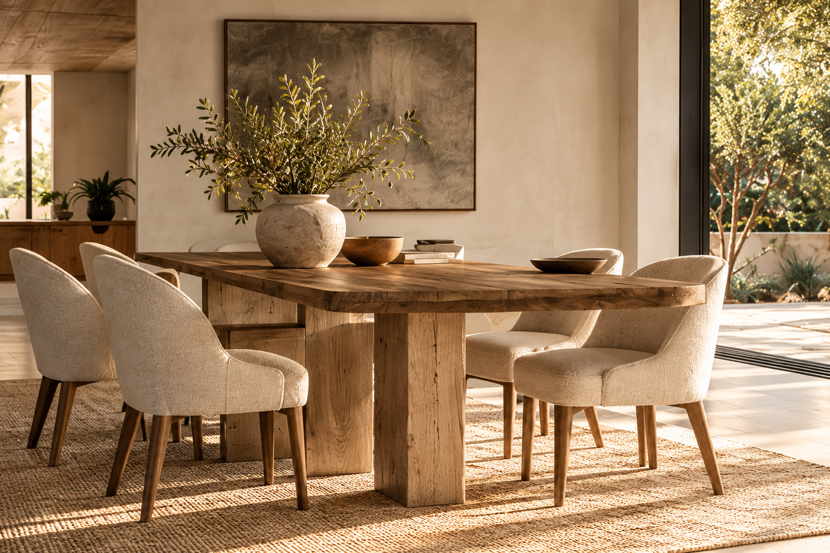 Oak dining table and upholstered chairs in a calm, sunlit interior